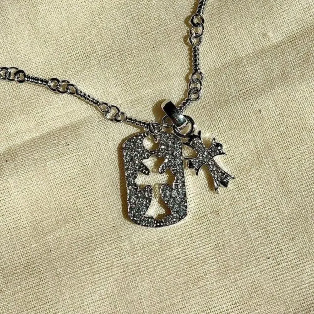 y2k grunge rhinestone silver cross dog tag style pendant necklace